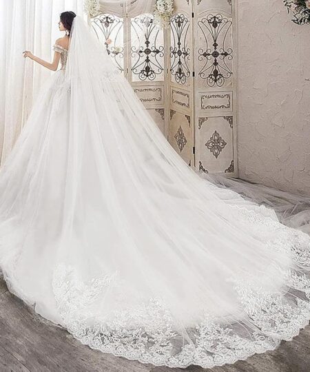 Newdeve Wedding Veils Cathedral Length 2 Tier Long Sequins Lace Edge Blusher