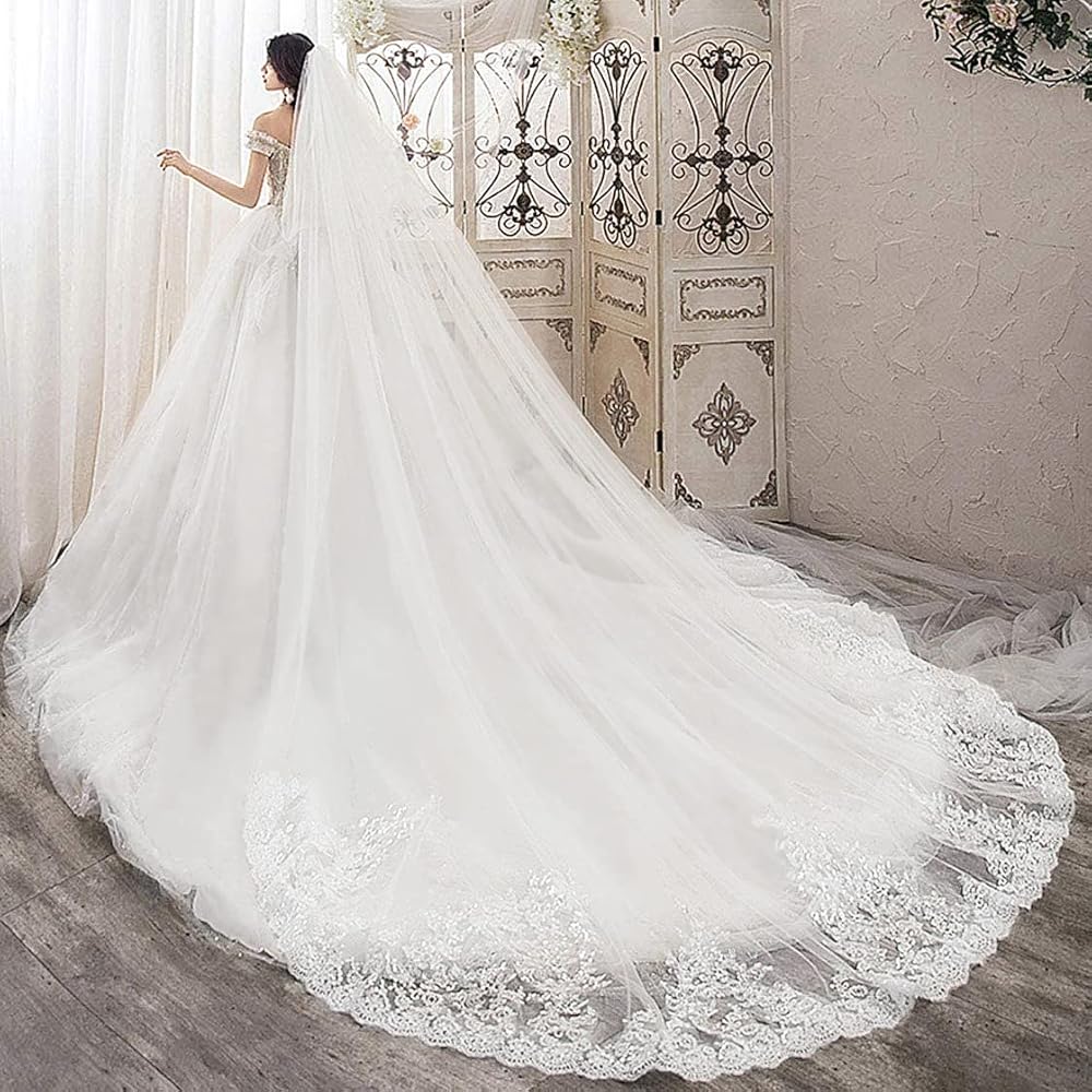 Newdeve Wedding Veils Cathedral Length 2 Tier Long Sequins Lace Edge Blusher